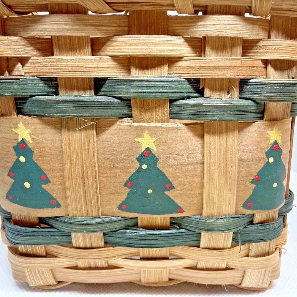 Vintage Hand-Woven Splint Wood Holiday Basket - Hand-Painted Christmas Trees